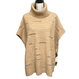 Kerisma LIMI PONCHO O/S Camel Beige Wool Blend Distressed Knit Turtleneck NEW